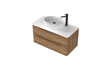 Load image into Gallery viewer, Aragon 900mm Wall Hung 2 Drawer Bathroom Vanity Unit with Black Counter - Driftwood Oak