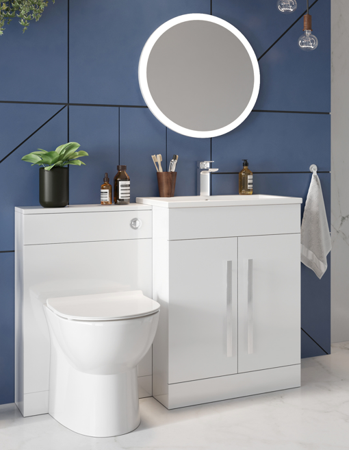 600mm 2 Door Bathroom Complete Vanity Unit Set, Basin & 500mm WC Unit, WC, Tap - White Gloss/Chrome