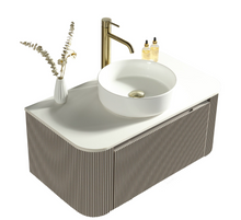 Load image into Gallery viewer, Flute Bathroom 870mm Fluted Wall Hung Corner Vanity, Stone Countertop - Coffee