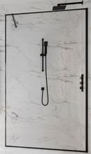Load image into Gallery viewer, 10mm Framed Single Wetroom Black Panel with Support Arm. 700mm-1200mm Optional 300mm Swivel Panel