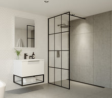 Load image into Gallery viewer, 8mm Single Black Grid Framed Wetroom Panel with Black Support Arm. 275mm-1200mm