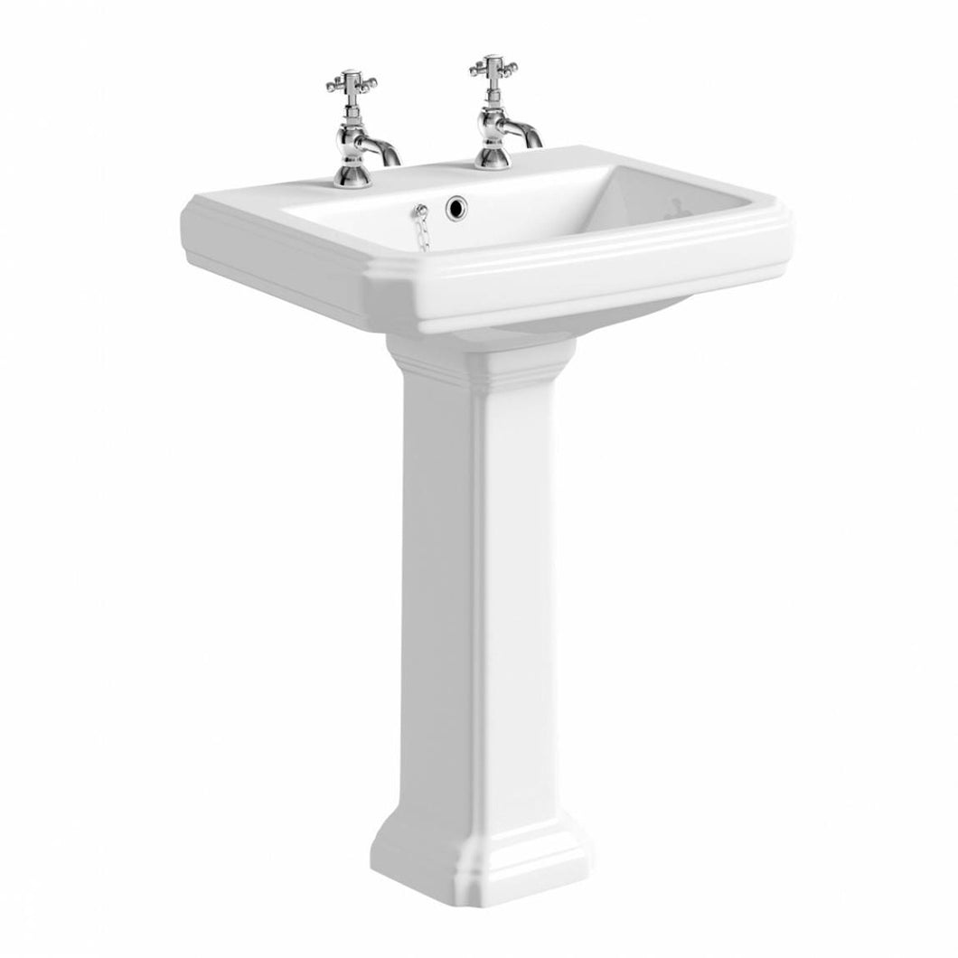 Freshwater Traditional Bathroom Sink Basin & Pedestal 600mm - 2 Tap Hole White