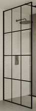 Load image into Gallery viewer, 8mm Single Black Grid Framed Wetroom Panel with Black Support Arm. 275mm-1200mm