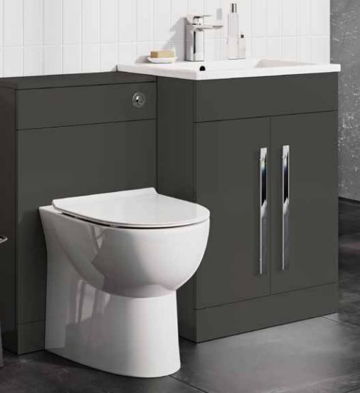 Bathroom Furniture Suite. Lili Bathroom 2 Door Vanity Unit, Basin, Denza Sq BTW, Seat & WC Unit with Cistern Pack - Matt Grey