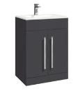 Load image into Gallery viewer, Square Furniture Bathroom Suite. Single End Bath 1700 x 700mm, 600mm Matt Grey Vanity & Basin, WC & Seat, Black Shower, Taps