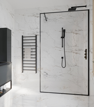 Load image into Gallery viewer, 10mm Framed Single Wetroom Black Panel with Support Arm. 700mm-1200mm Optional 300mm Swivel Panel