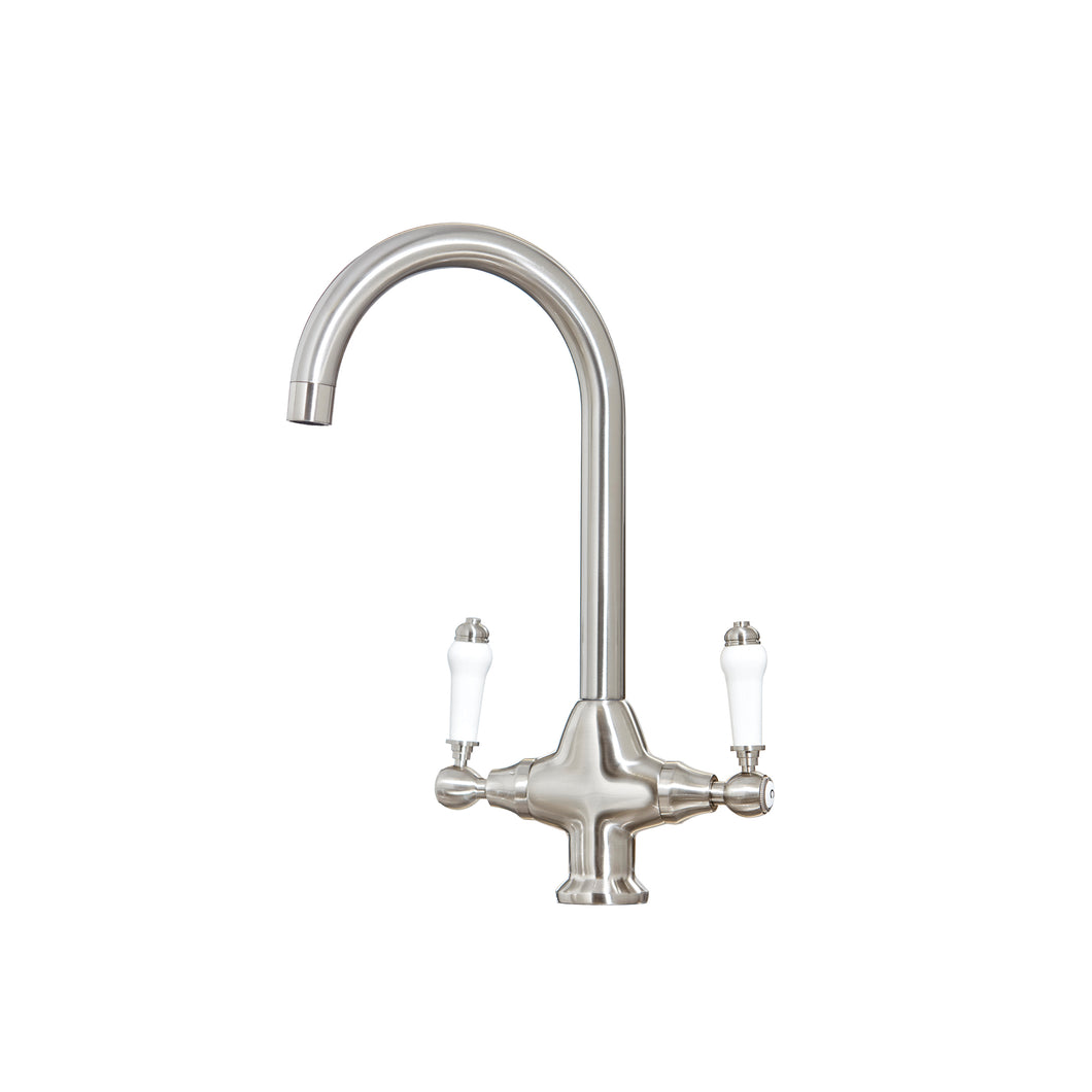 Vares-A 'York' Nickel Traditional Dual Lever Swan Neck Monobloc Kitchen Sink Taps