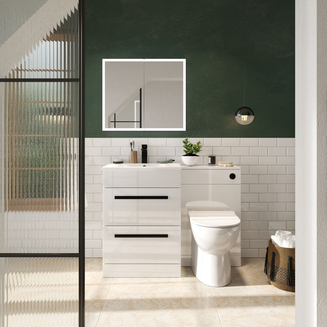 Lili 600mm 2 Drawer Bathroom Vanity Unit, Basin & WC Unit - White Gloss - Optional Black Handles