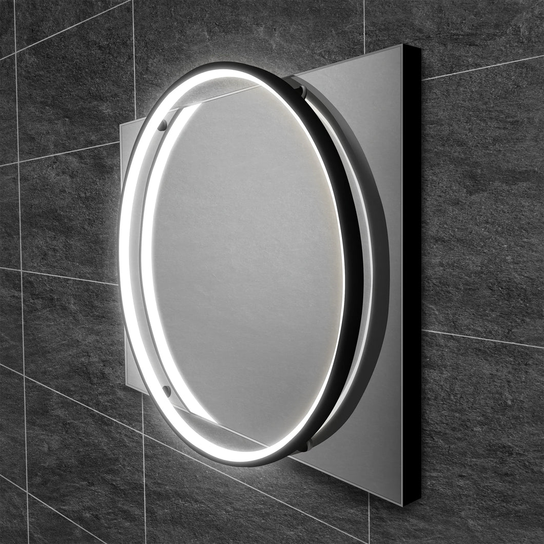 50cm Solas Round Illuminated Bathroom Mirror, Horizontal or Vertical - Black