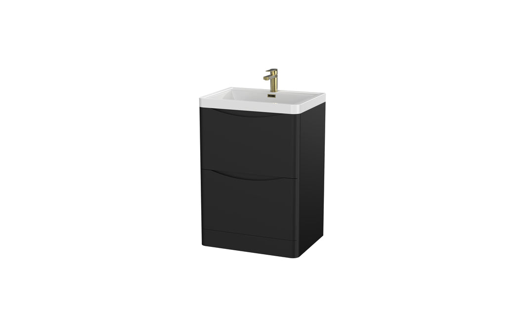 Aragon 600mm Bathroom Floor Cabinet with Basin. 2 Drawer Soft Close  - Matt Black