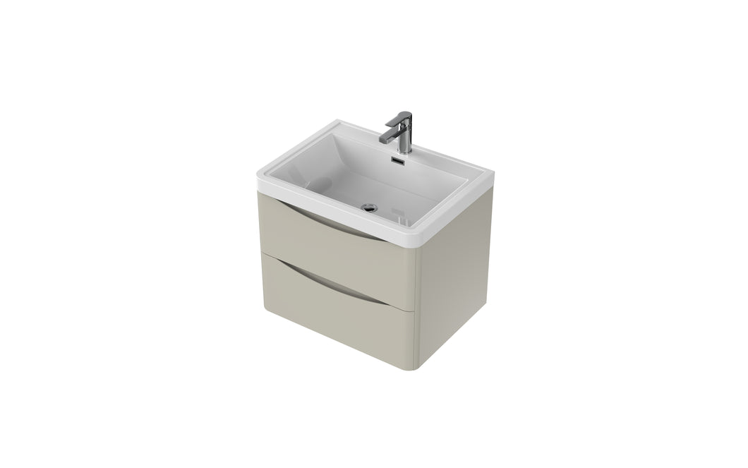 Aragon 600mm Wall Hung 2 Drawer Bathroom Vanity Unit with Basin - Mushroom Cream Gloss