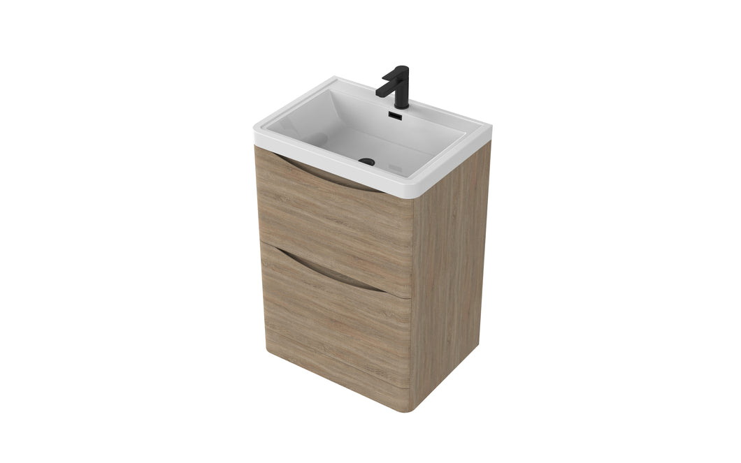 Aragon 600mm Floor Cabinet with Basin. 2 Drawer Soft Close - Driftwood Oak