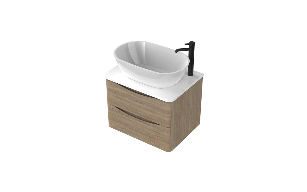 Aragon 600mm Wall Hung 2 Drawer Bathroom Vanity Unit with Counter Top - Driftwood Oak
