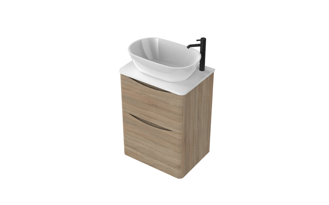 Aragon 600mm Bathroom Floor Cabinet with Countertop. 2 Drawer Soft Close - Driftwood Oak