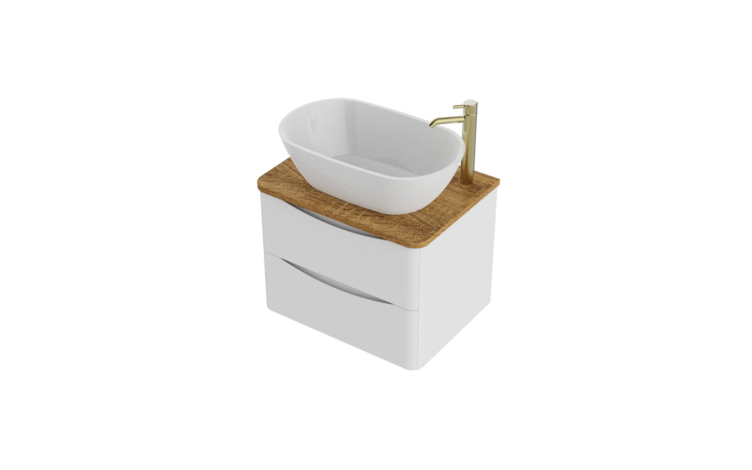 Aragon 600mm Wall Hung 2 Drawer Bathroom Vanity unit Driftwood Oak Countertop - Matt White