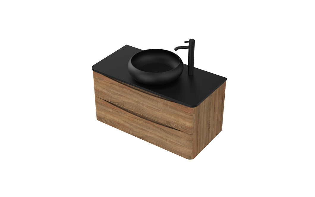 Aragon 900mm Wall Hung 2 Drawer Bathroom Vanity Unit with Black Counter - Driftwood Oak