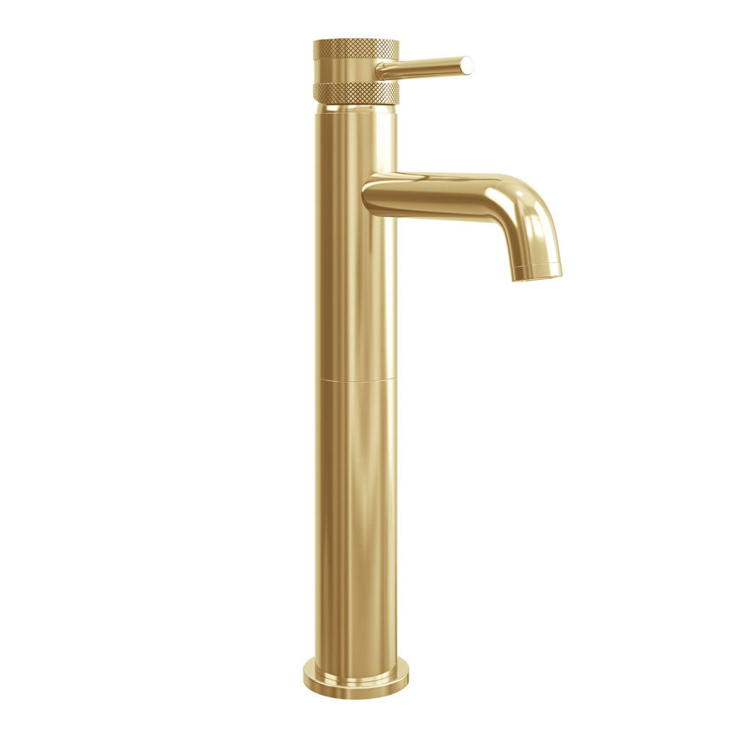 Desire Bathroom Knurled Tall Mono Bowl Mixer Taps - Brushed Brass