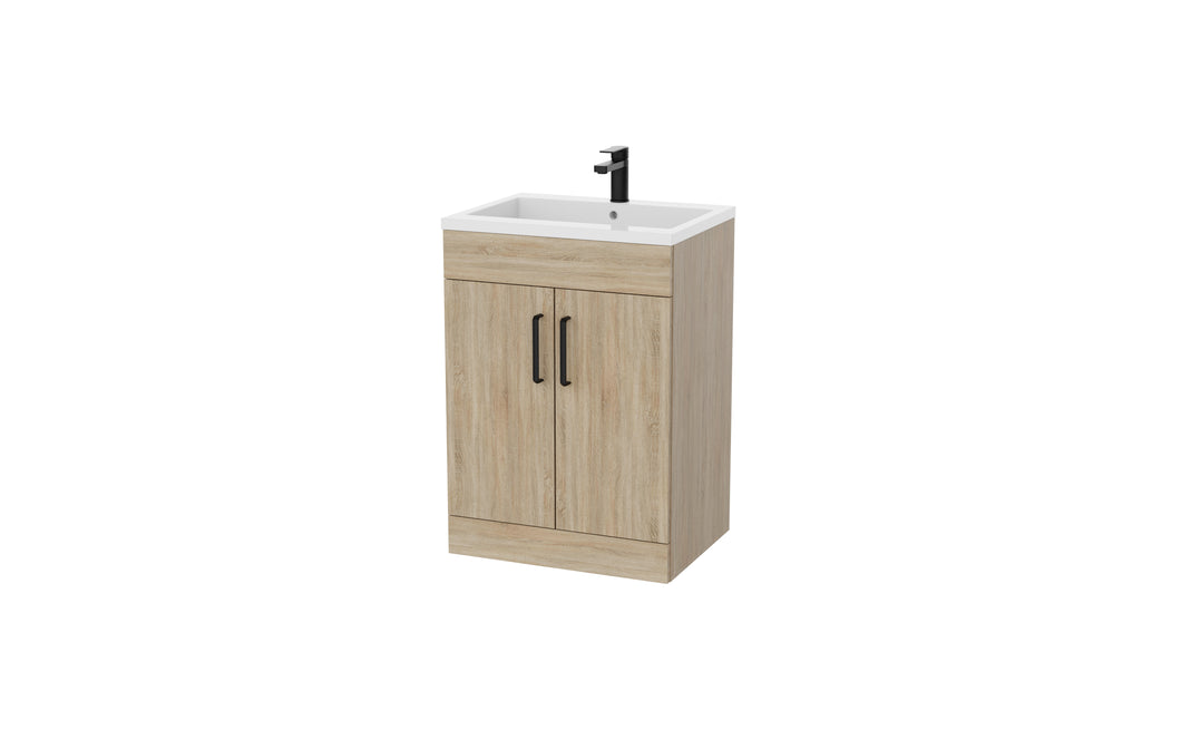 Corsica 600mm 2 Door Bathroom Floor Vanity Unit & Basin, 12 Handle Options  - Somona Driftwood Oak