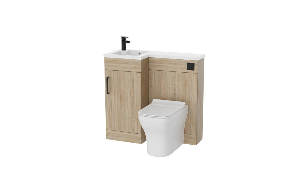 Complete Combination Set: Corsica 900mm L Shape Furniture Pack Bathroom Unit, Basin, Style BTW Pan, Cistern Pack, Chrome Tap - Driftwood Somona Oak