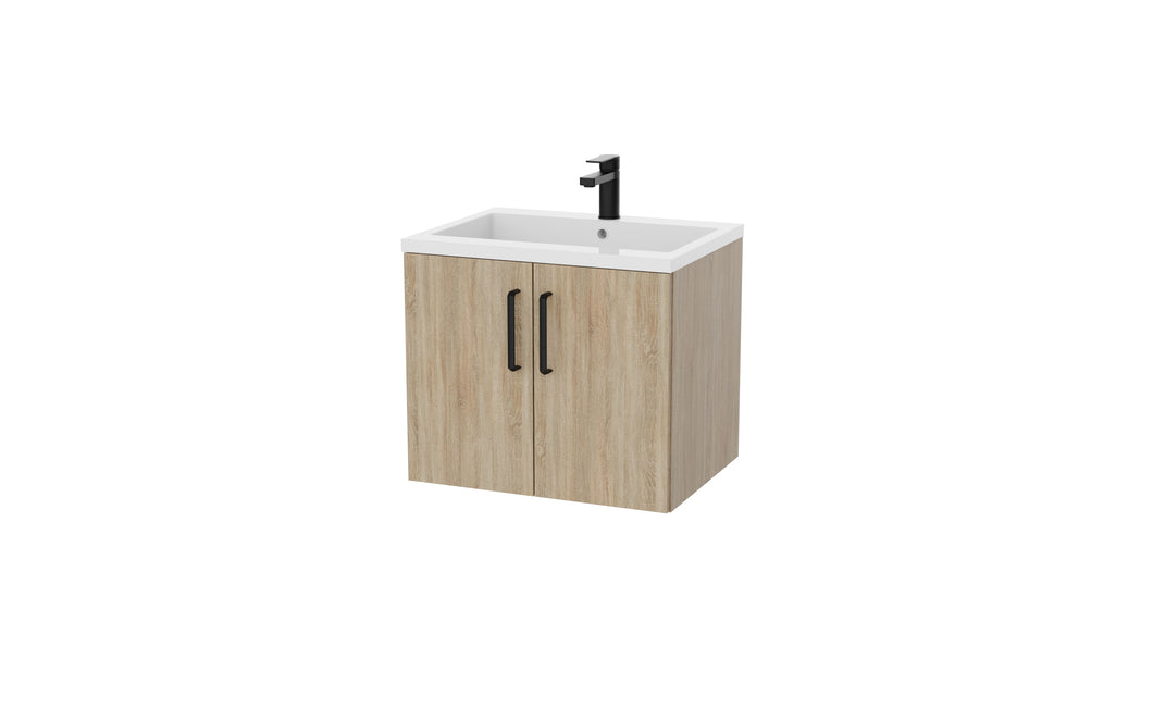 Corsica 600mm 2 Door Wall Hung Bathroom Vanity Unit & Basin, 12 Handle Options  - Somona Driftwood Oak