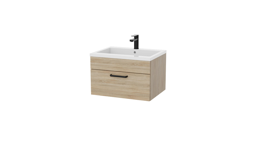 Corsica 600mm 1 Draw Wall Hung Bathroom Vanity Unit & Basin, 12 Handle Options - Somona Driftwood Oak