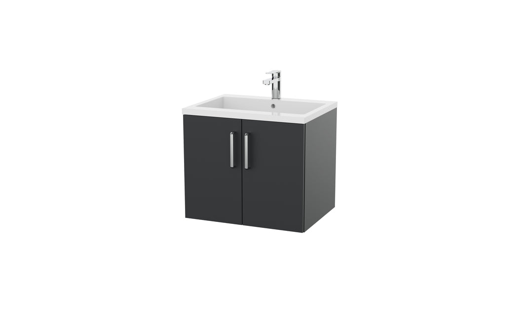 Corsica 600mm 2 Door Wall Hung Bathroom Vanity Unit & Basin, 12 Handle Options  - Graphite