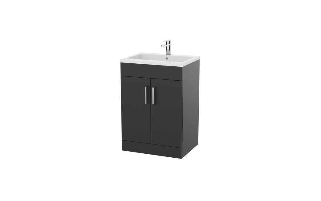 Corsica 600mm 2 Door Bathroom Floor Vanity Unit & Basin, 12 Handle Options  - Graphite