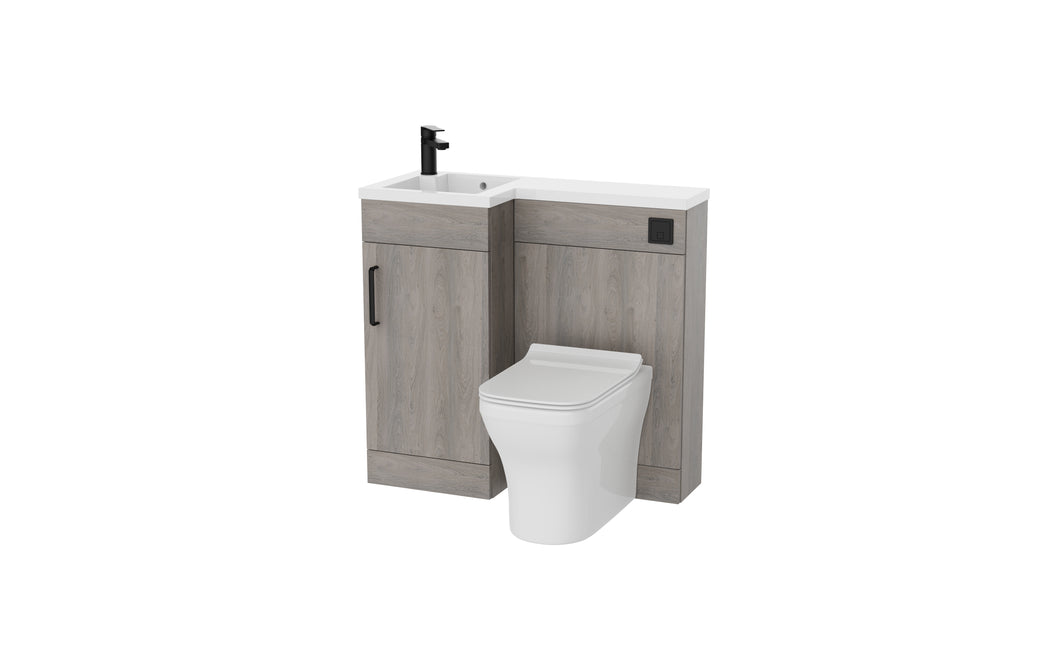 Complete Combination Set: Corsica 900mm L Shape Furniture Pack Bathroom Unit, Basin, Style BTW Pan, Cistern Pack, Chrome Tap - Silver Oak