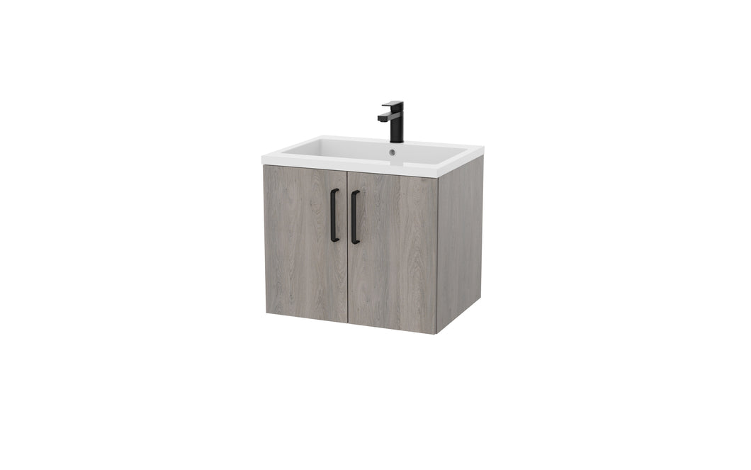 Corsica 600mm 2 Door Wall Hung Bathroom Vanity Unit & Basin, 12 Handle Options  - Silver Oak