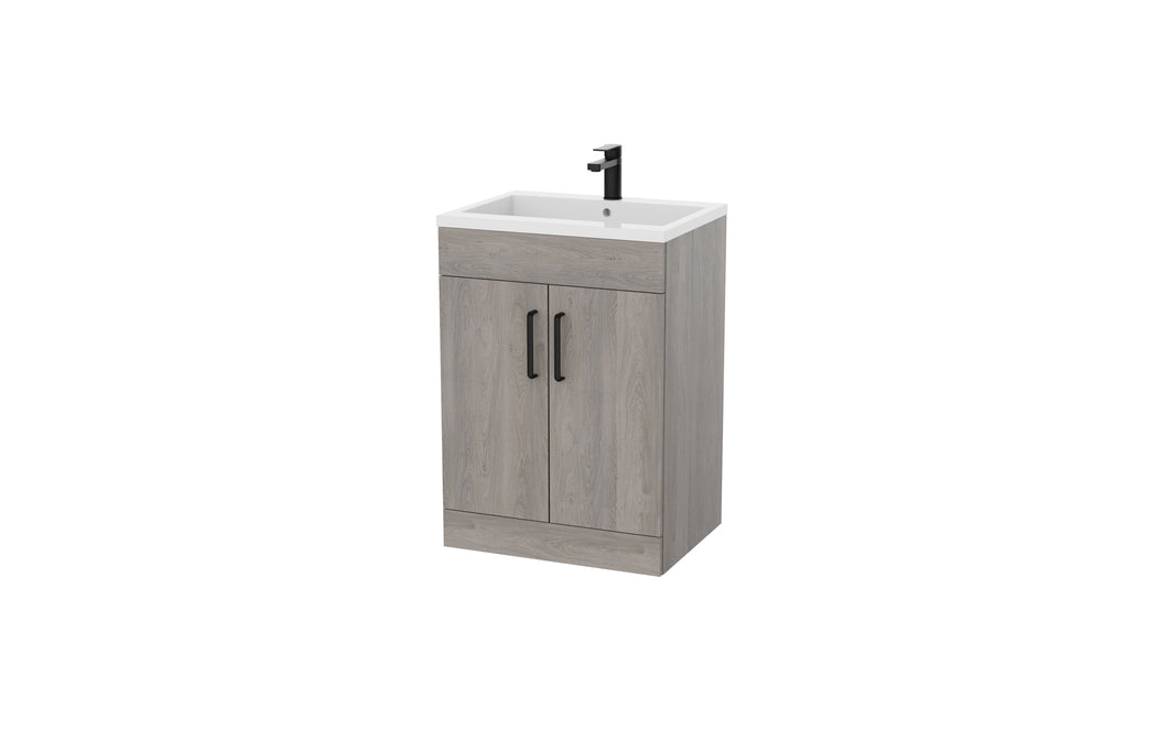 Corsica 600mm 2 Door Bathroom Floor Vanity Unit & Basin, 12 Handle Options  - Silver Oak