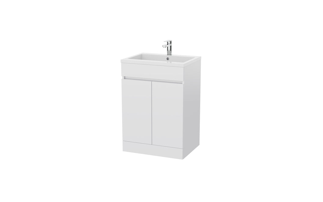 Palma 600mm 2 Door Handless Bathroom Floor Vanity Unit & Basin - White Gloss