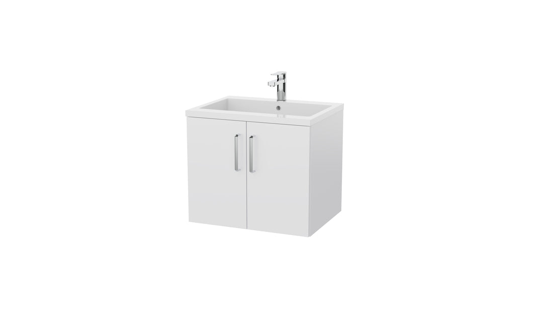Corsica 600mm 2 Door Wall Hung Bathroom Vanity Unit & Basin, 12 Handle Options  - White Gloss