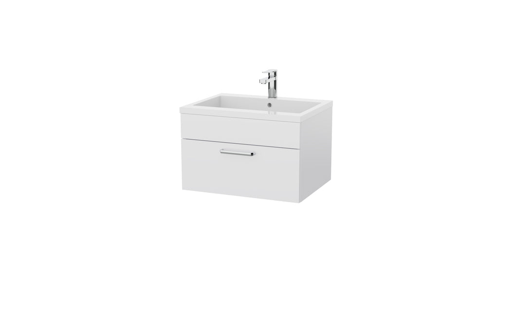 Corsica 600mm 1 Draw Wall Hung Bathroom Vanity Unit & Basin, 12 Handle Options - White Gloss