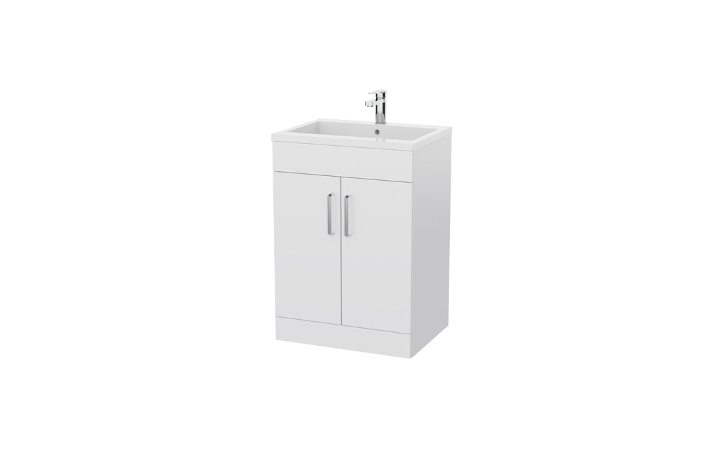 Corsica 600mm 2 Door Bathroom Floor Vanity Unit & Basin, 12 Handle Options  - White Gloss