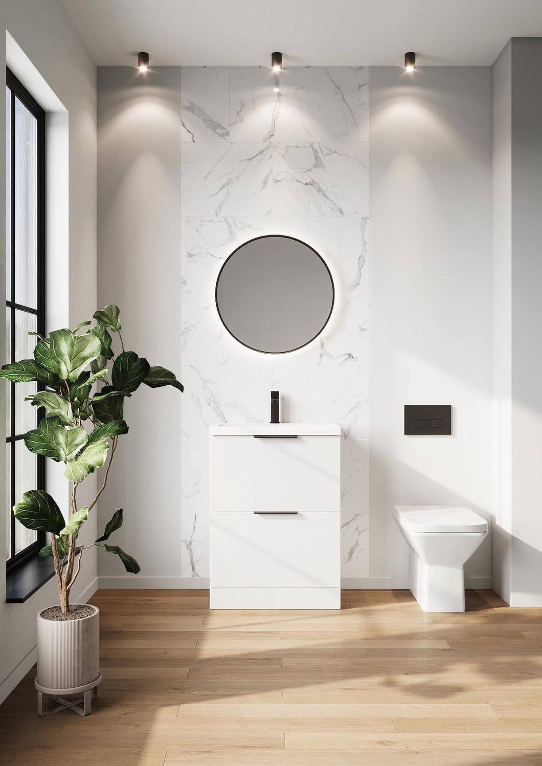 Muro Plus 500 Floorstanding 2 Drawer Shallow (355mm) Floor Vanity Unit with Basin  - Gloss White