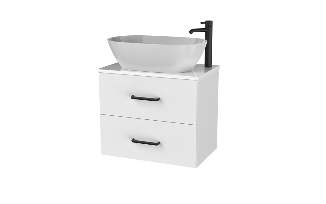 Haro 600mm Wall Hung 2 Drawer Bathroom Vanity Unit with White Counter Top - Gloss White