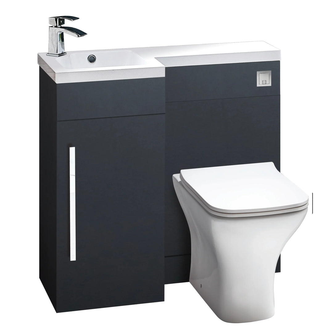 Complete Combination Set: Lili 900mm L Shape Furniture Pack Bathroom Unit, Basin, Style BTW Pan, Cistern Pack, Chrome Tap - Matt Grey