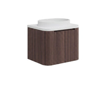 Load image into Gallery viewer, Curved Bathroom 600mm Fluted Drawer Wall Hung Vanity, Optional Brass Legs - Walnut
