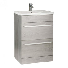 Load image into Gallery viewer, Purity 600mm 2 Draw Bathroom Floor Vanity Unit &amp; Basin, Handle as shown Chrome or Black - Silver Oak
