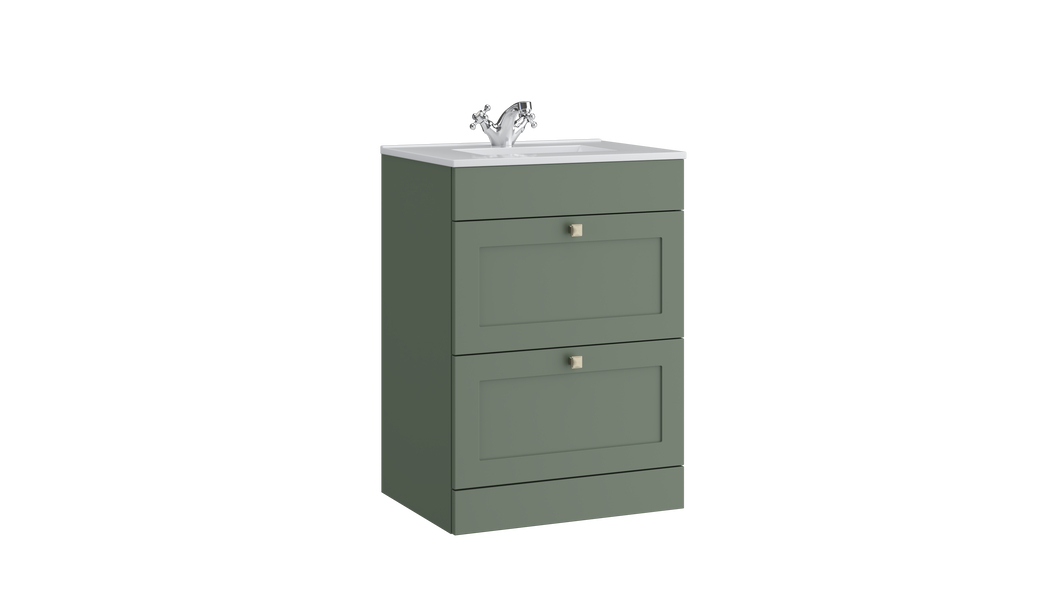 Freshwater - Traditional Shaker 600mm 2 Draw Floor Vanity Unit with Ceramic Basin - Something Green