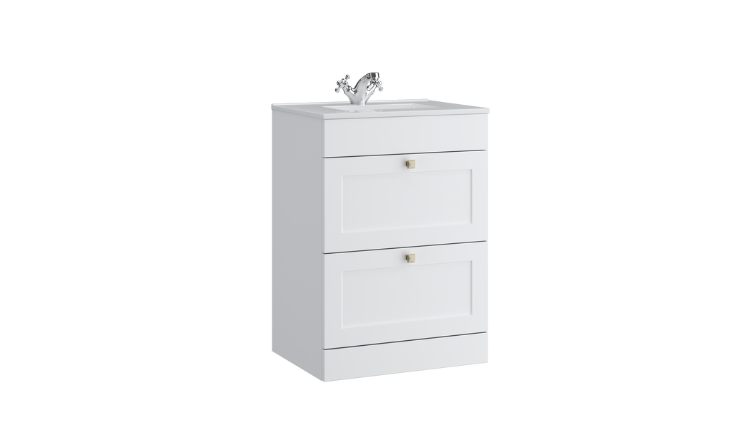 Freshwater - Traditional Shaker 600mm 2 Draw Floor Vanity Unit with Ceramic Basin - Something White