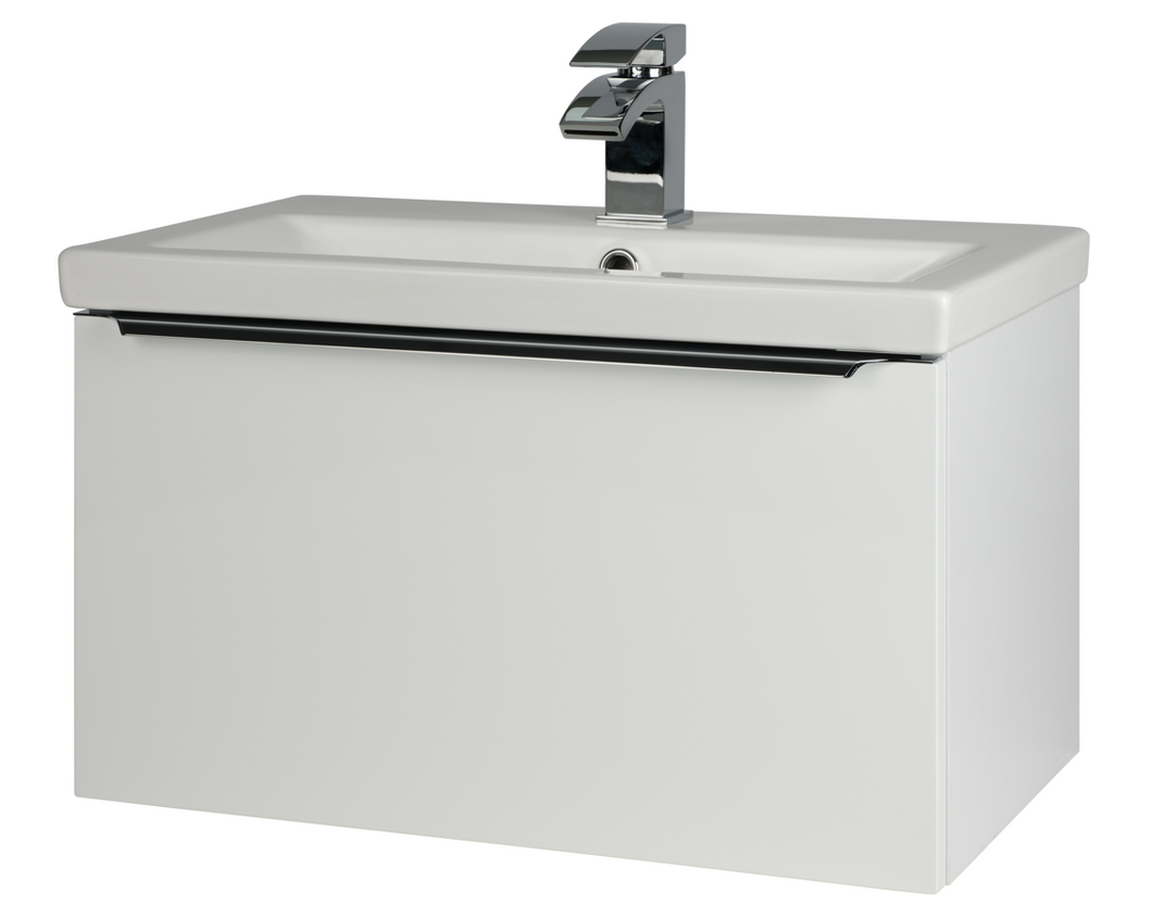 Corsica 600mm 1 Draw Wall Hung Shallow Depth (355mm) Bathroom Vanity Unit & Basin - Gloss White