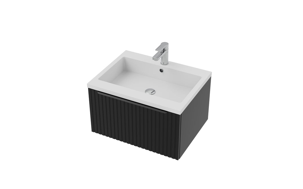 Vigo Fluted 600mm 1 Draw Wall Hung Bathroom Vanity Unit & Colour Countertop, Handle Options - Matt Black