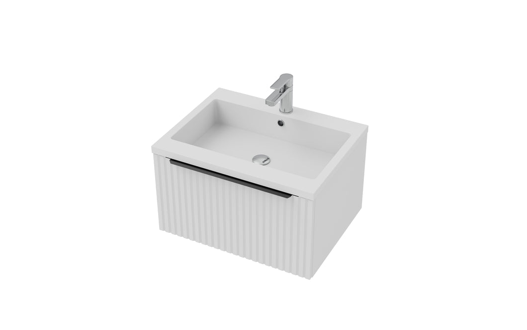 Vigo Fluted 600mm 1 Draw Wall Hung Bathroom Vanity Unit & Basin - Matt White