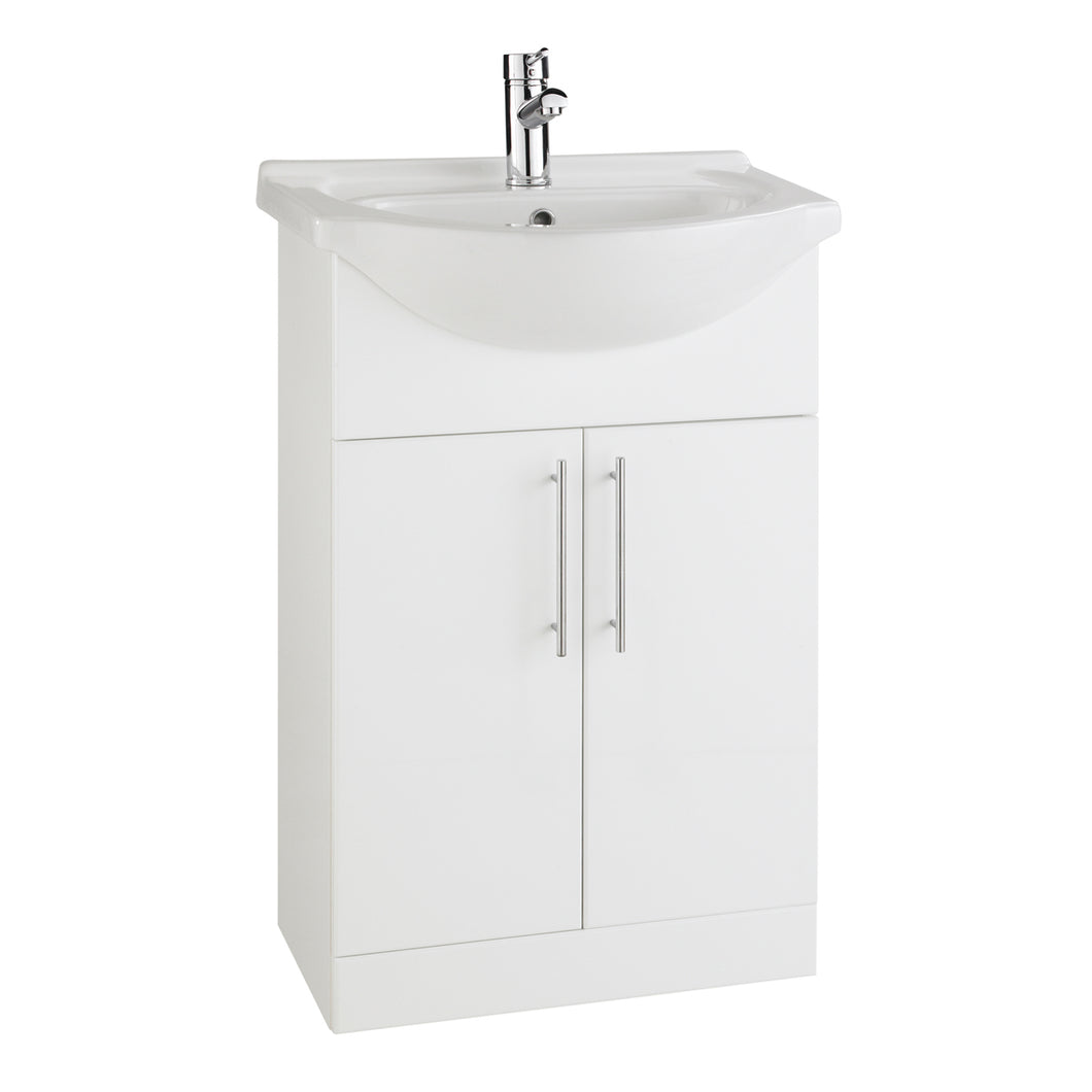 Vares-A 550mm Bathroom Floor Mounted Double Door Vanity & Curved Ceramic Basin - 55cm White Gloss