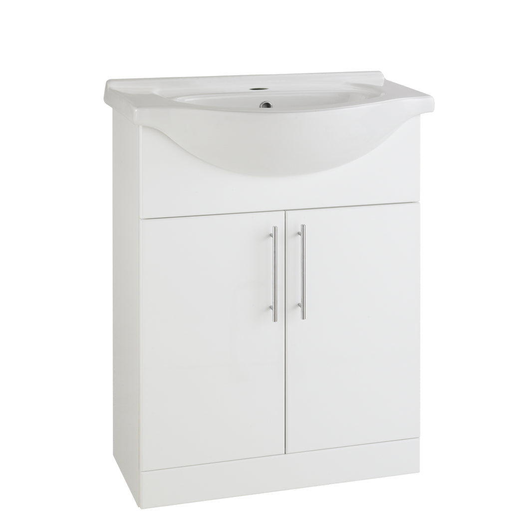 Vares-A 650mm Bathroom Floor Mounted Double Door Vanity & Curved Ceramic Basin - 65cm White Gloss