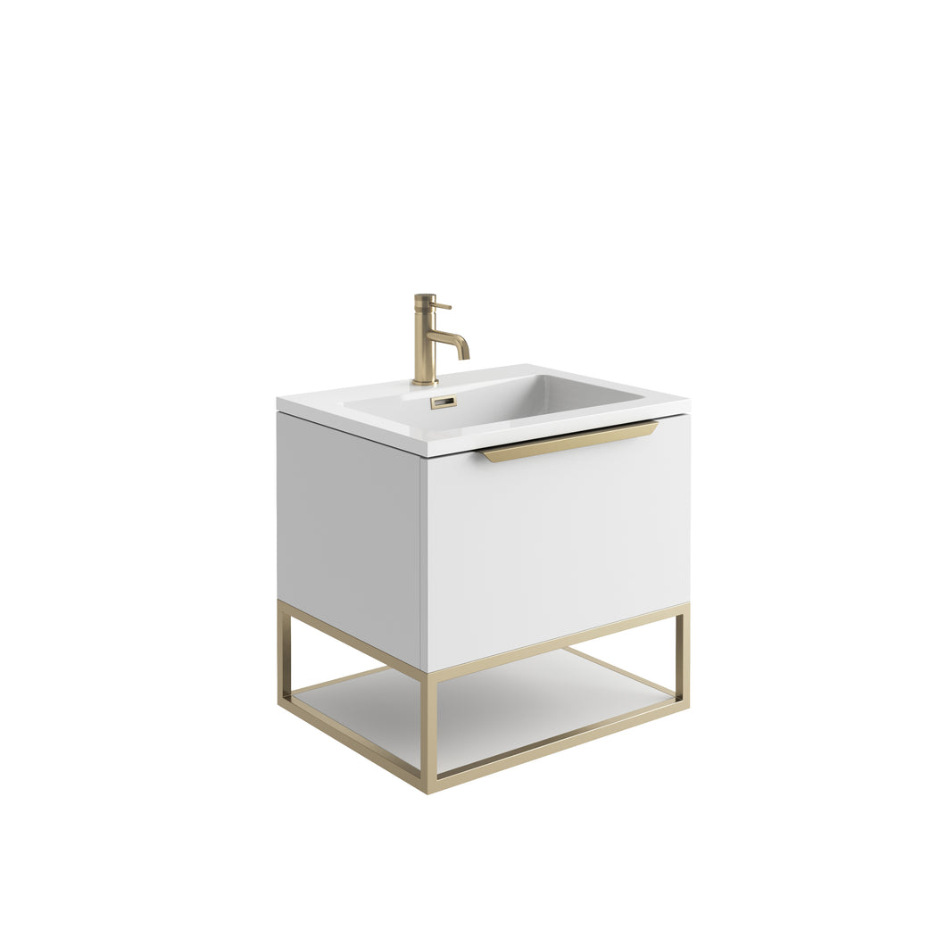 Ambience 600mm Wall Hung LED Cabinet Vanity & Basin - Matt White - Brushed Brass or Black Frames