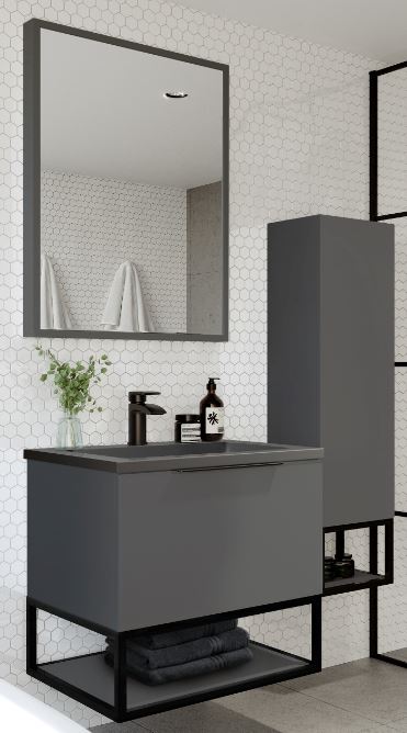 Scudo Ambience 600mm Wall Hung LED Cabinet Vanity, Basin, Mirror, Frame & Tallboy - Matt Grey