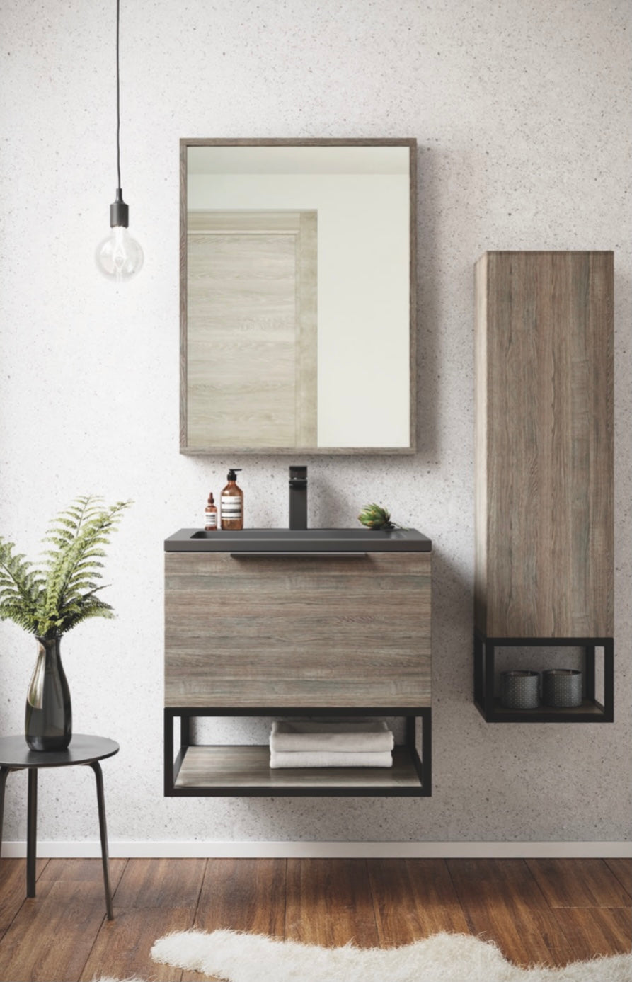 Scudo Ambience 800mm Wall Hung LED Cabinet Vanity, Basin, Mirror, Frame & Tallboy - Grey Oak