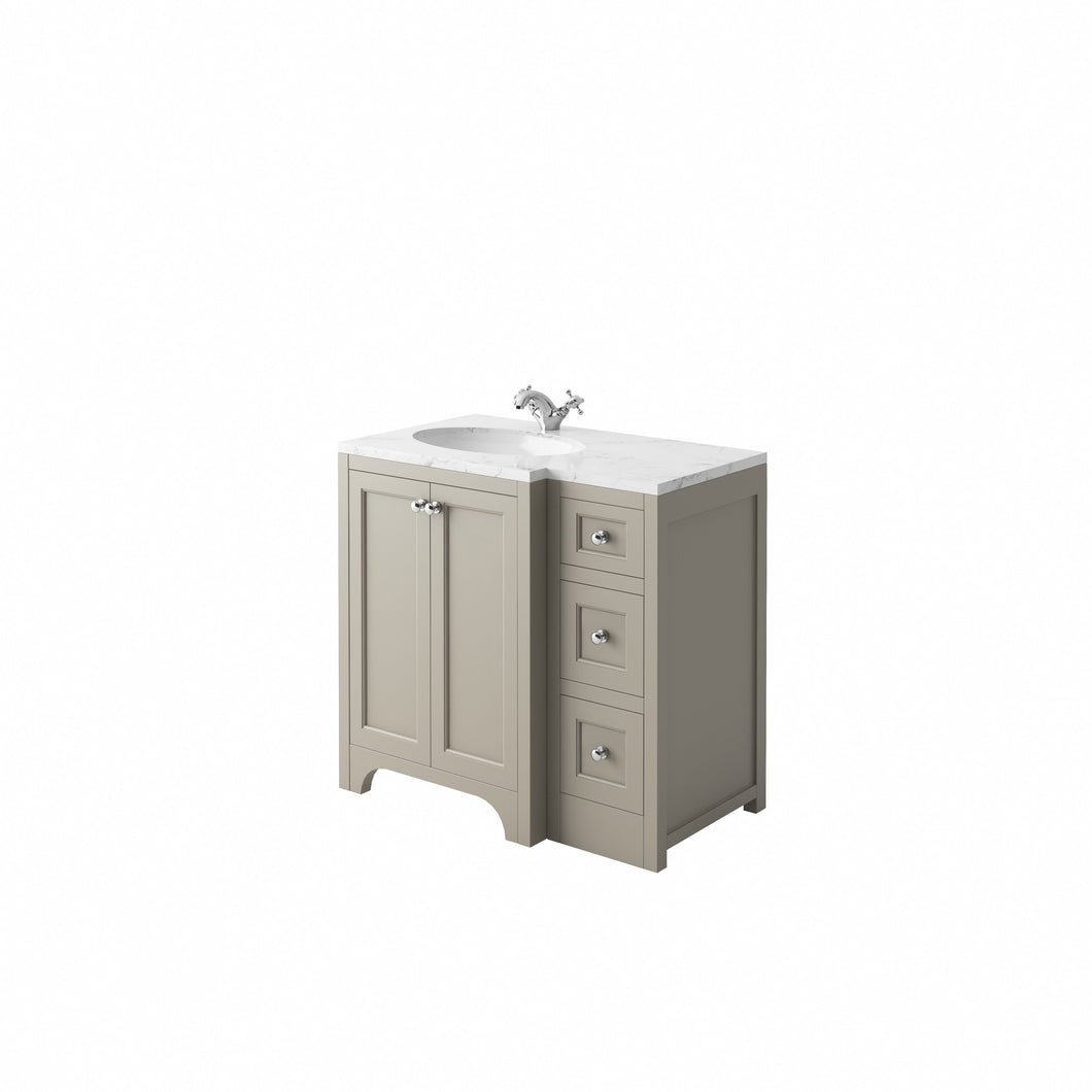 Freshwater Wick 90cm White Undermount Basin Traditional Bathroom Furniture LEFT or RIGHT Handed Drawer Vanity Cabinet - Light Grey